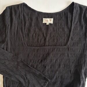 Mille Resort & Travel Black Cotton Smocked Square Neck Midi Dress XL Long Sleeve